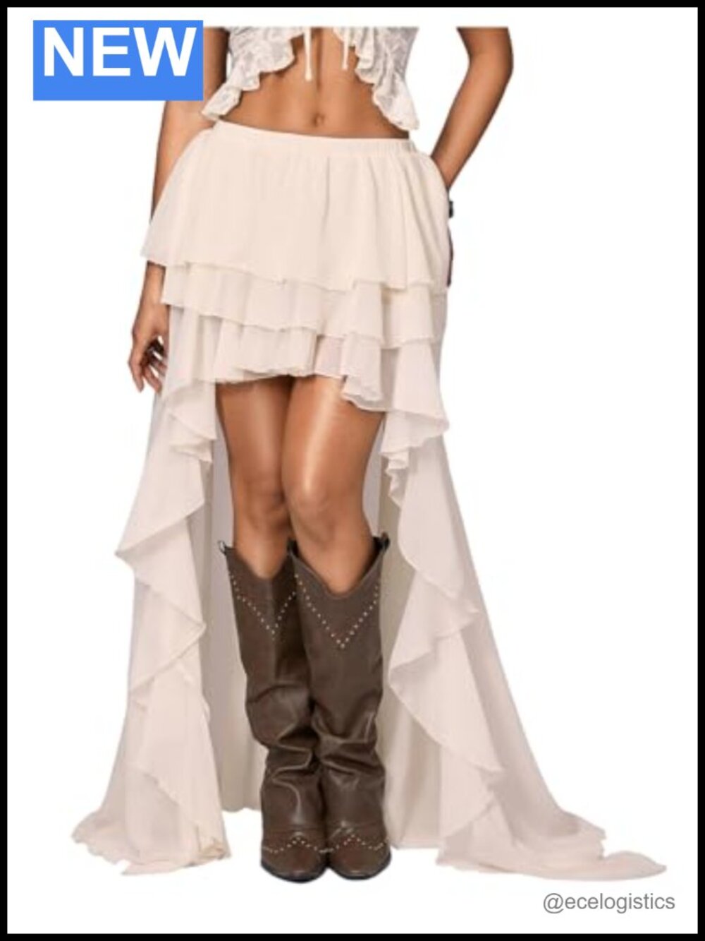 Women's Boho Ruffle Chiffon Maxi Skirt with Elastic Drop Waist Y2K Asymmetrical